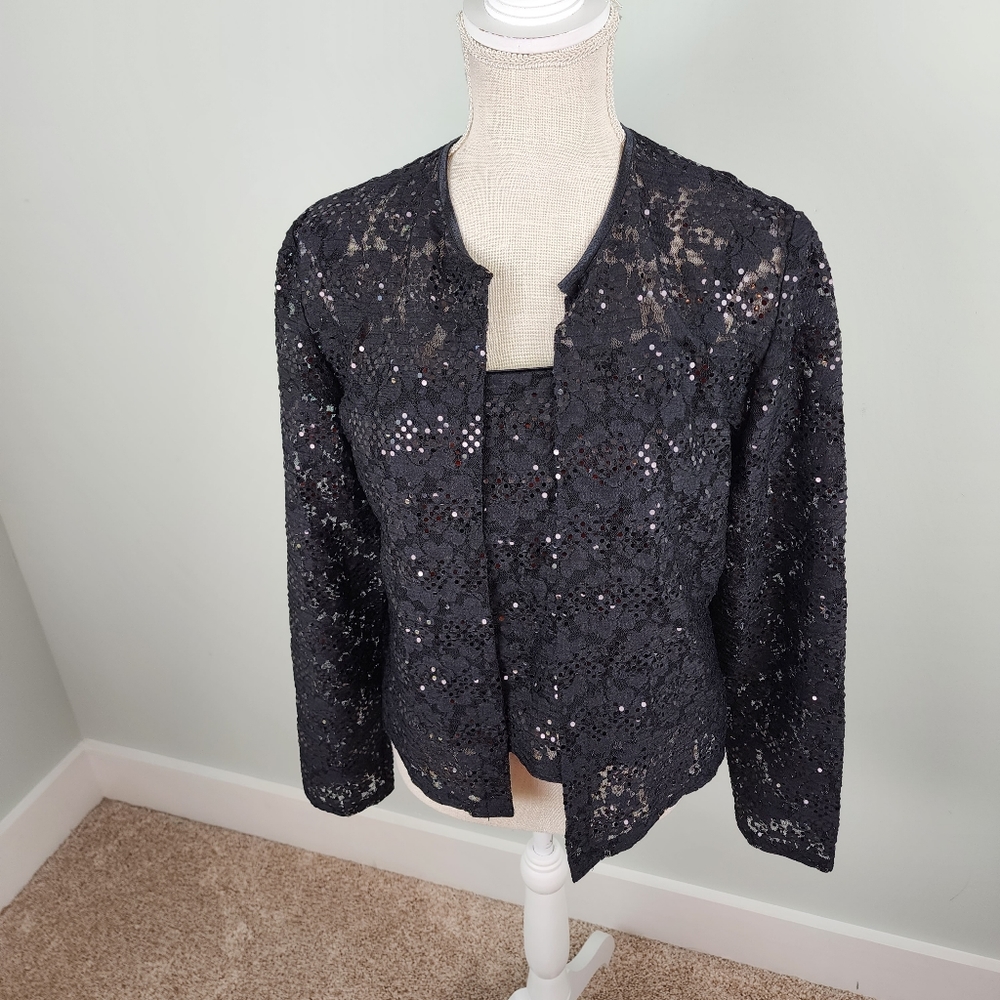 Joseph Ribkoff Black Floral Lace Sequin Evening Tank And Jacket Set Size 12